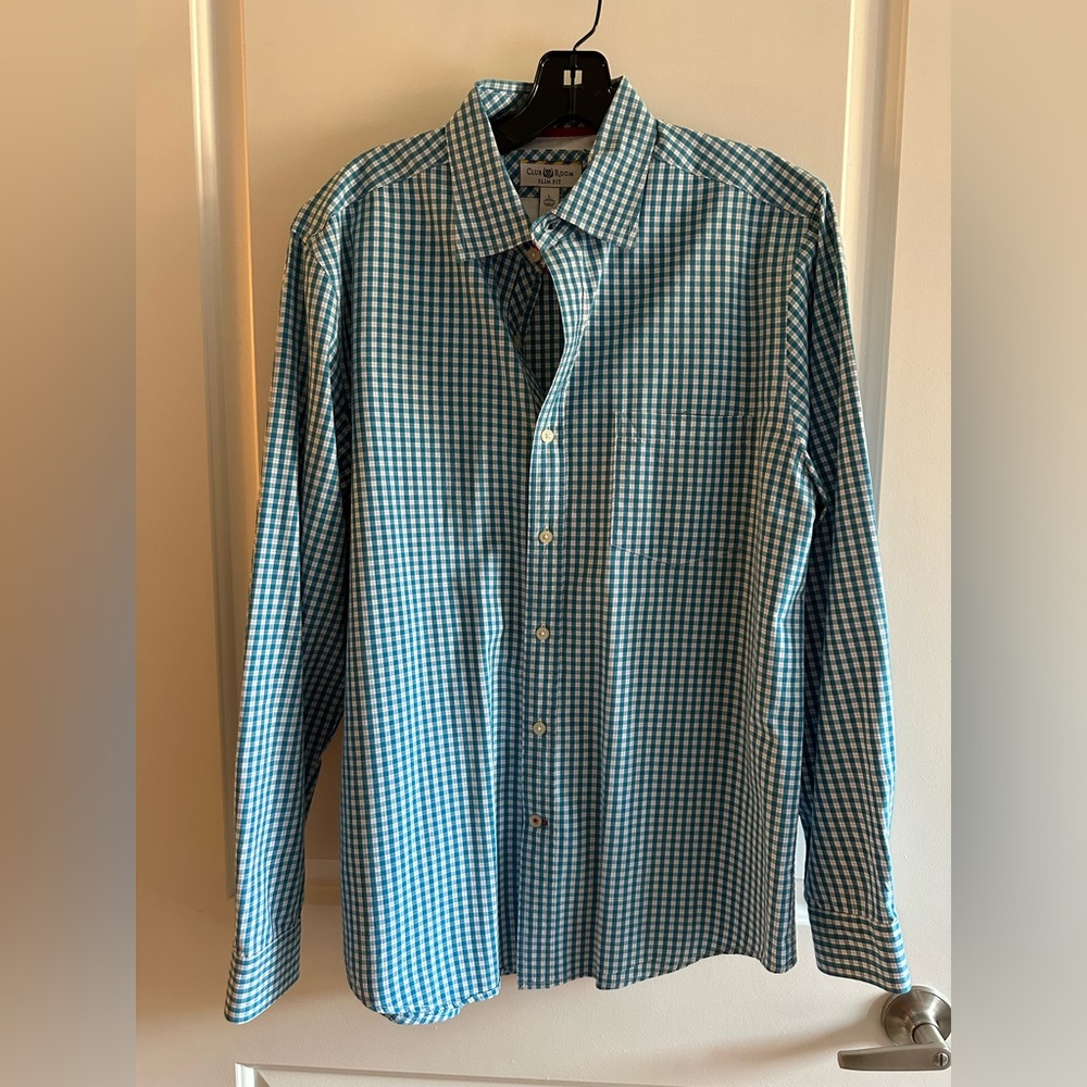 Club Room L Slim Fit Blue Plaid Button-Down Dress Shirt